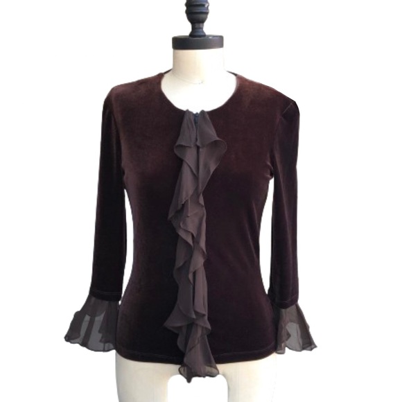 Vintage Cachet Y2K Whimsigoth Ethereal Dark Brown Velvet Silk Ruffle Zip Up Top - Picture 3 of 17